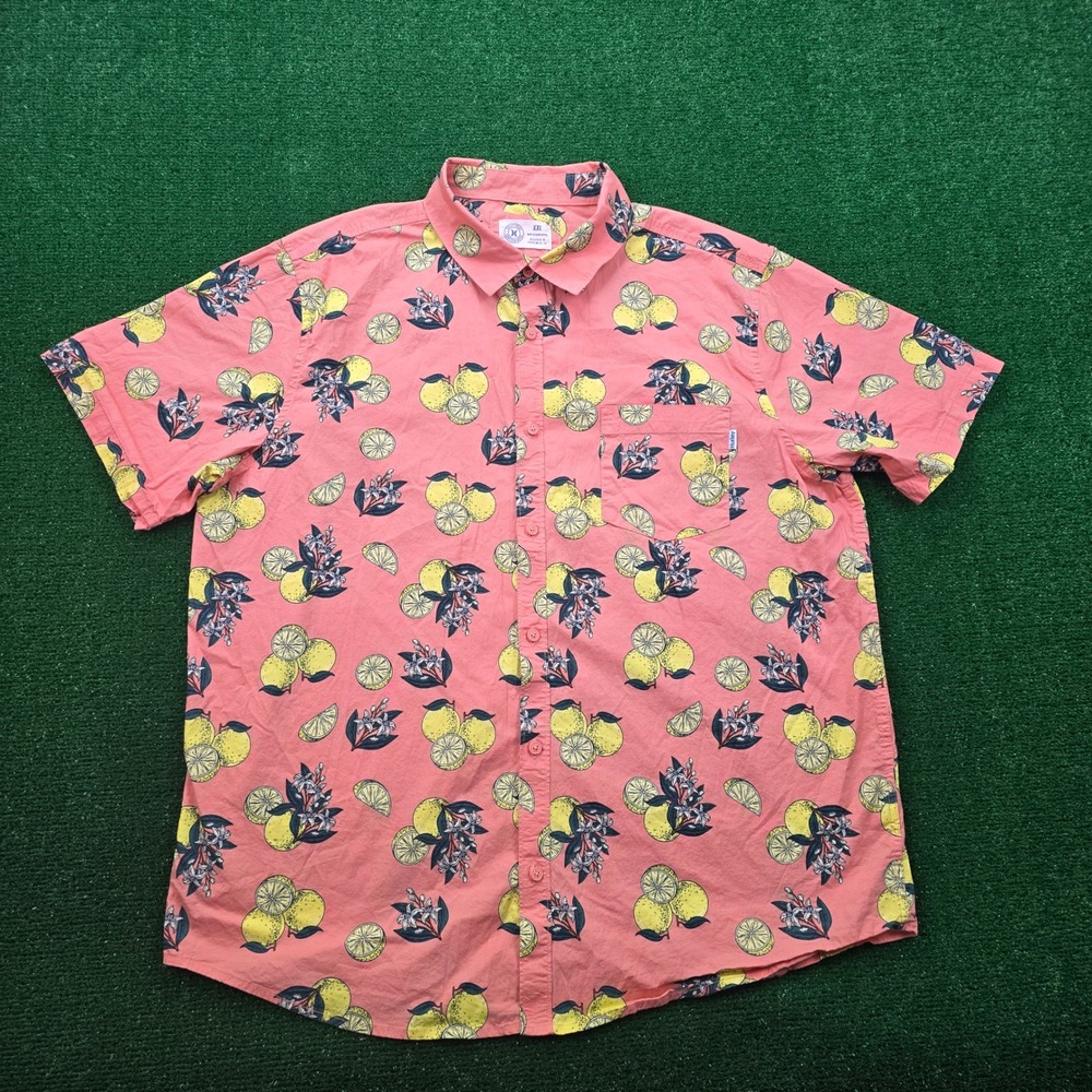 Hurley‎ Shirt Mens 2XL Pink Lemon Print Short Sleeve Stretch Fit Button Up Beach
